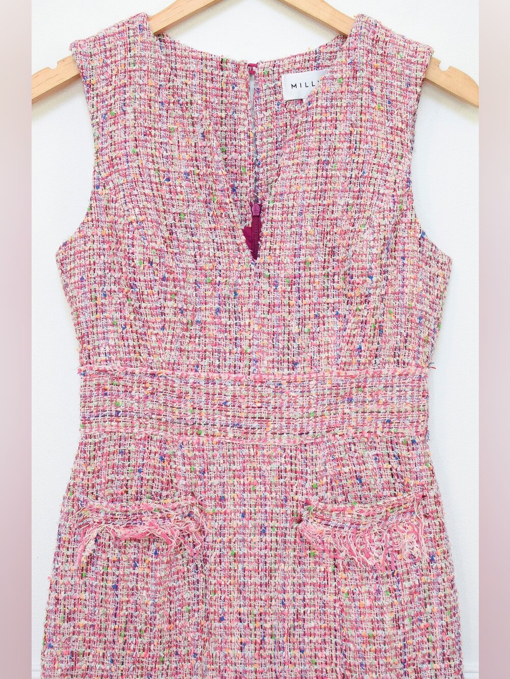 NWT Milly Gabby Fringe Tweed Dress Pink Size 0 Sheath Knee Length Preppy Retro - Picture 4 of 10